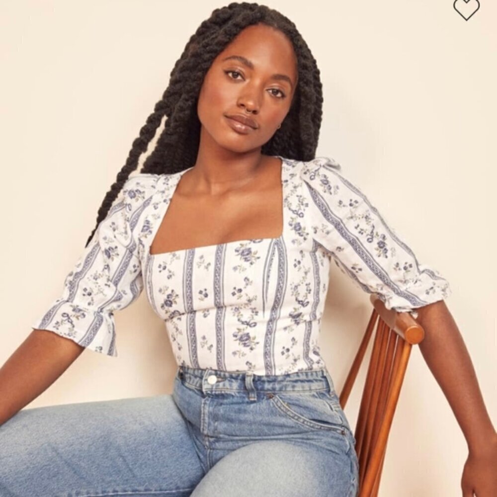 💕REFORMATION💕 Flower Linen Top ~ Roquefort Print 2 NWOT